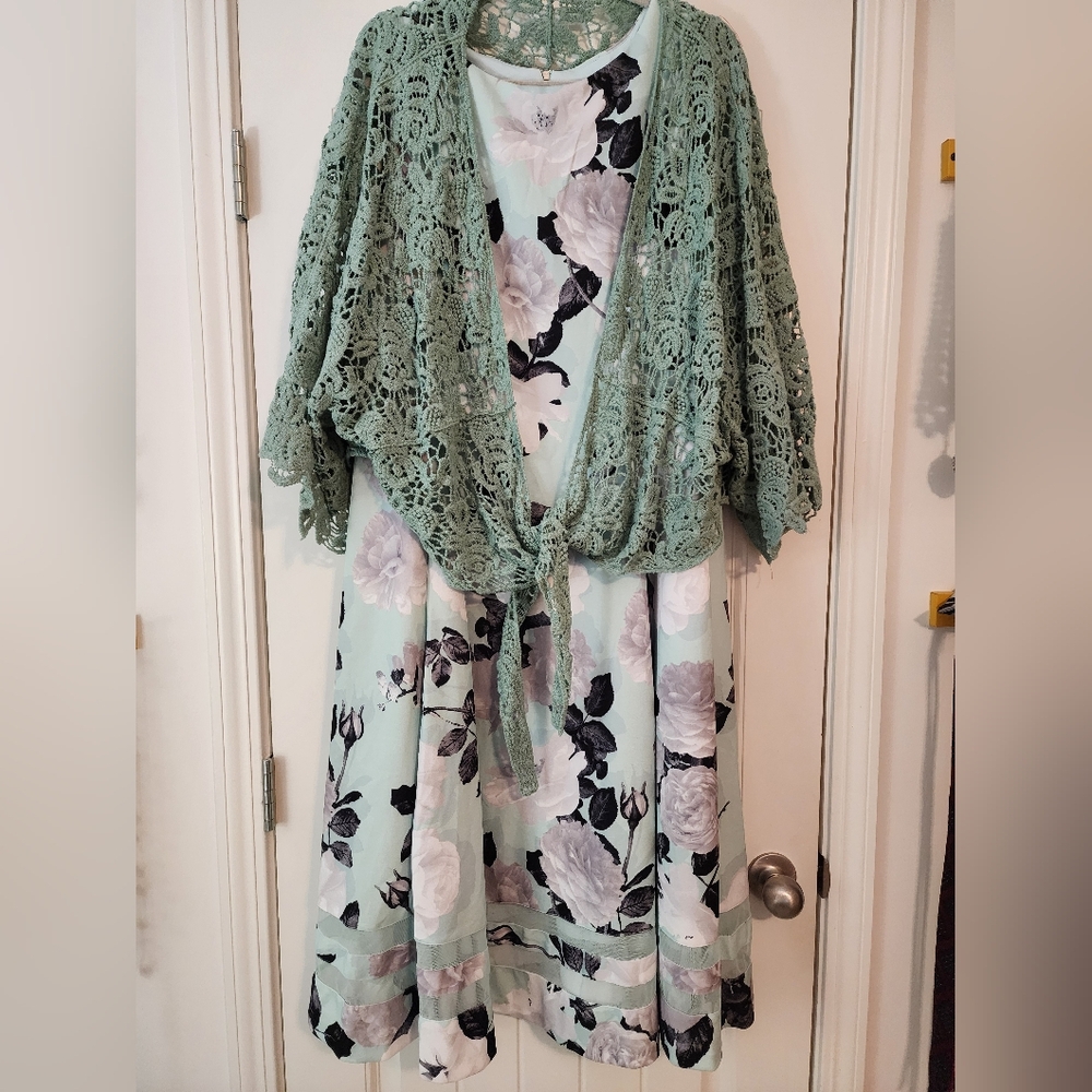 Calvin Klein Mint Green Floral Midi Dress Set with Crochet Shrug 18W Soft Girl